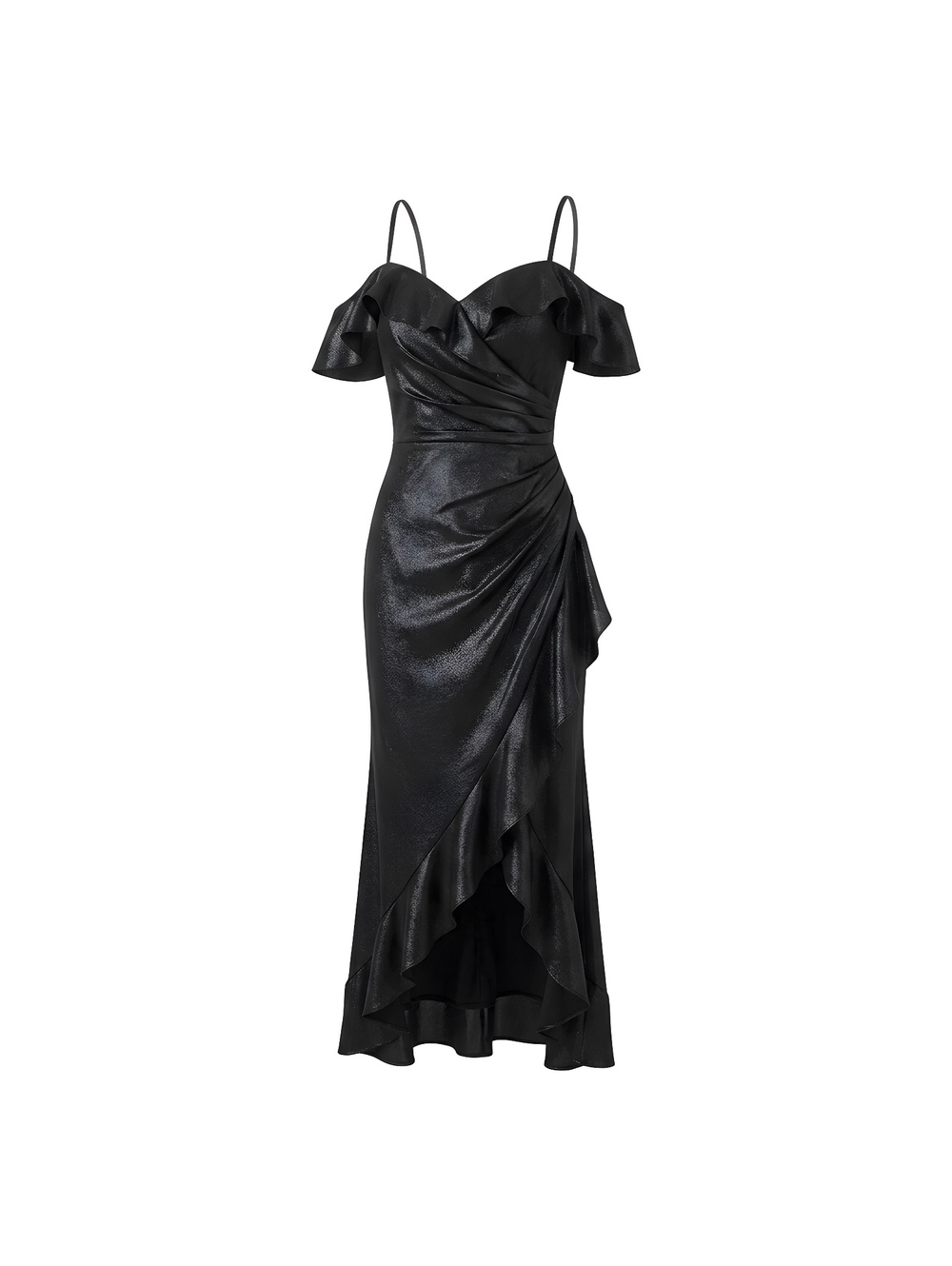 DB Studio Black Satin Cold Shoulder Ruffle Evening Dress with Spaghetti Straps